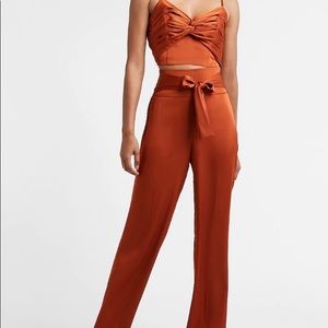 Express satin high waisted tie front pants and matching crop top